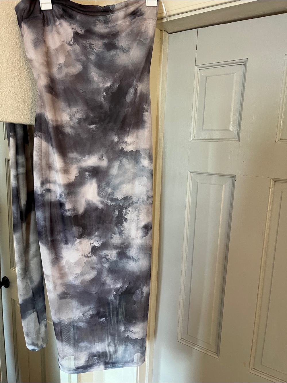 Gray cloud like knee length strapless lined slip dress & long matched cardigan